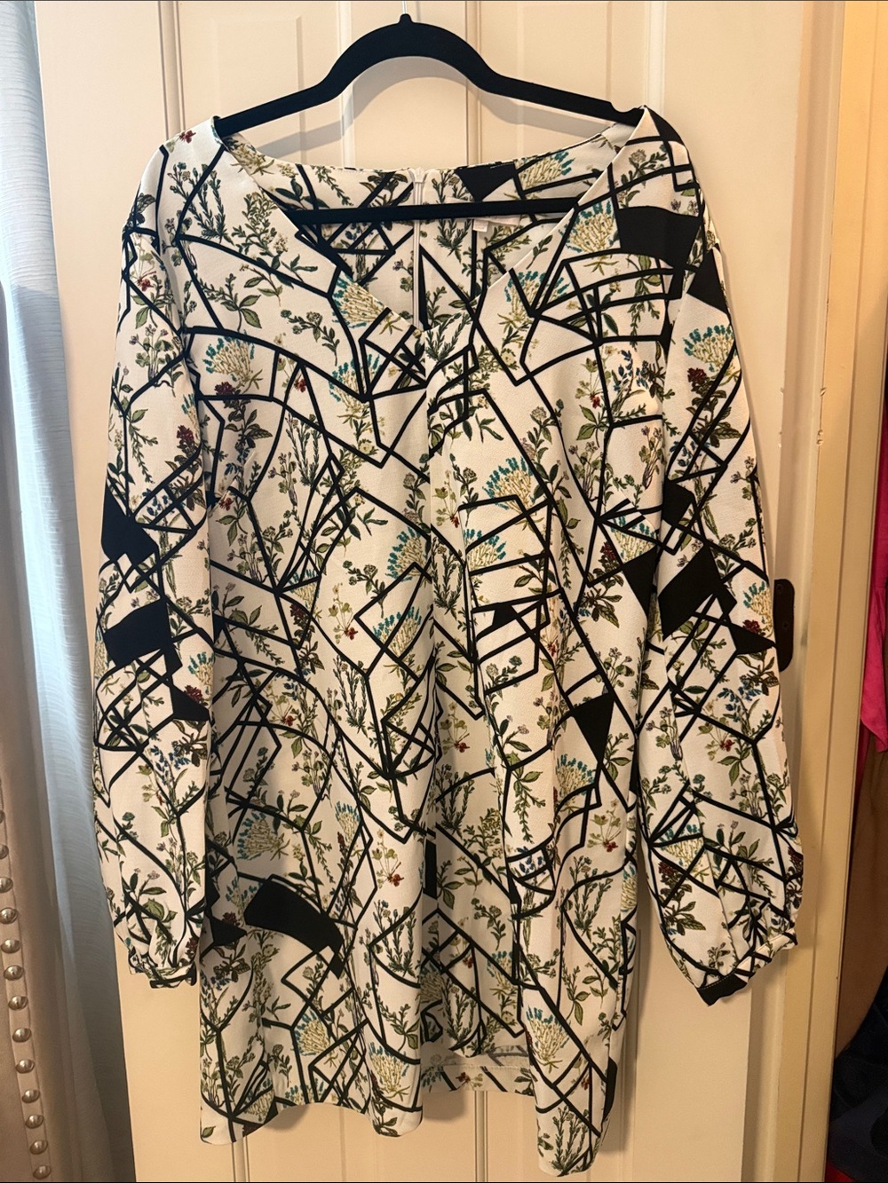 Wayf White Long-Sleeve Tunic Dress with Black Geometric & Green Floral Accents